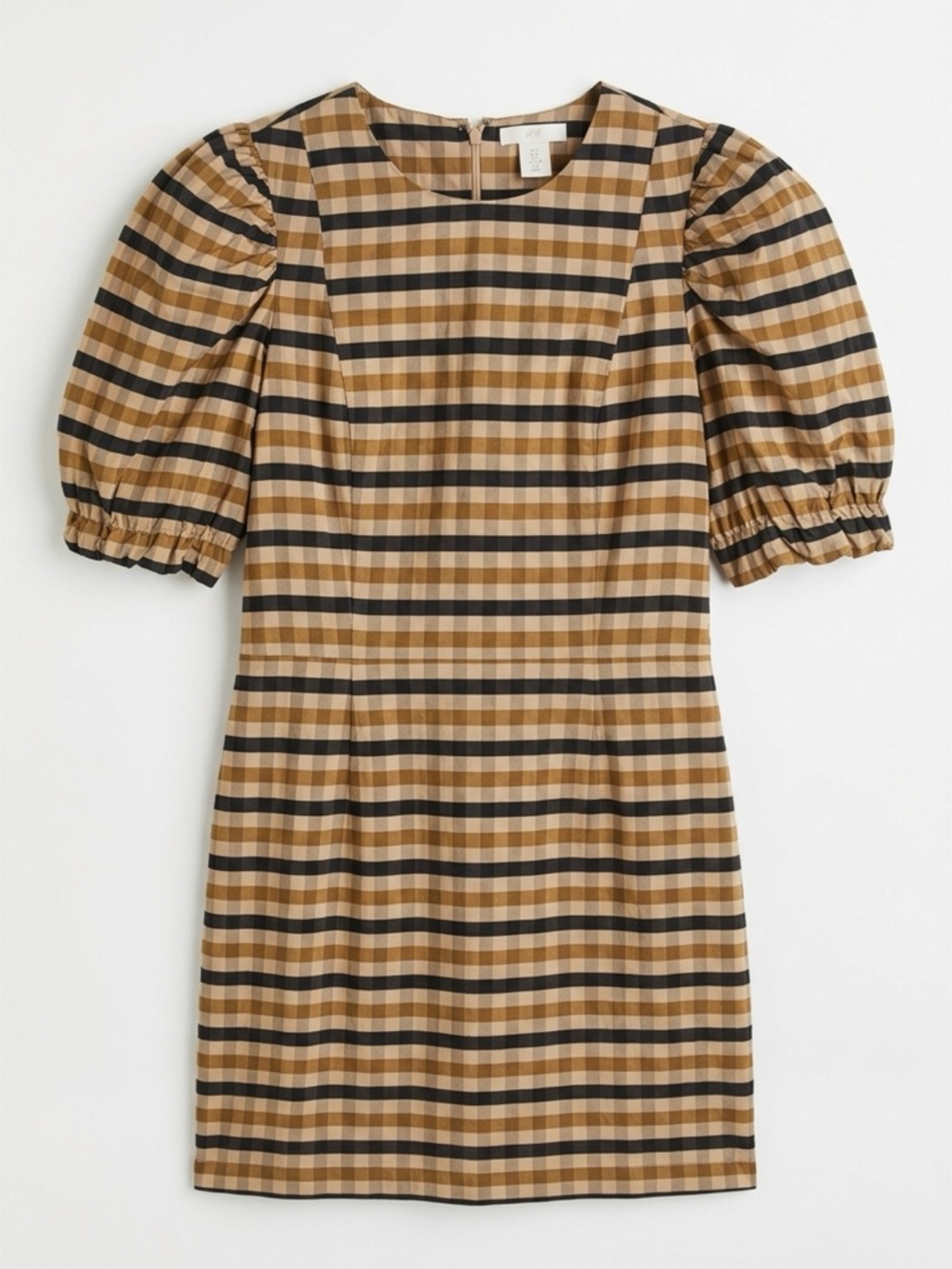 H&M Plaid Puff-Sleeve Mini Dress - Tan & Black